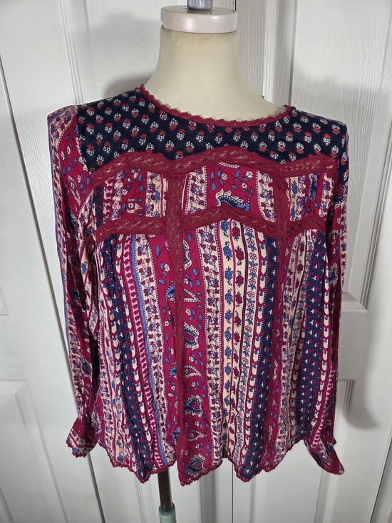 Maeve Tops - Maeve Anthropologie Boho Peasant Top Red Blue Lace Trim Size 4